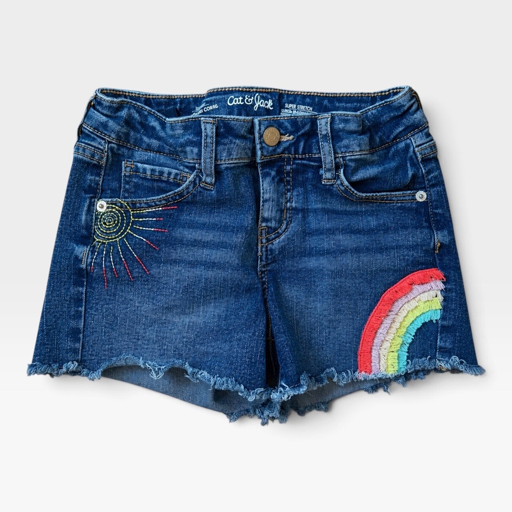 Cat & Jack Girls Medium Wash Rainbow Sun Embroidered Denim Shorts Size M 7/8